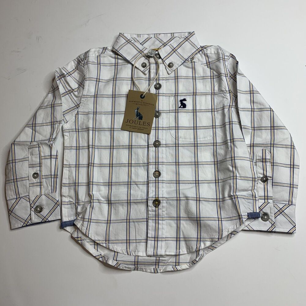 Joules Welford White Plaid Check Dress Shirt Boys Size 4 Y